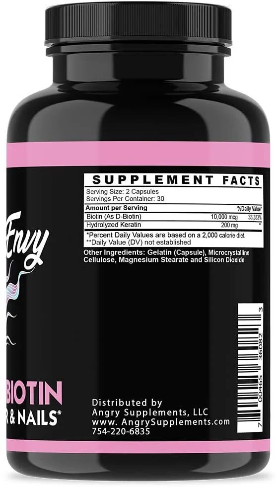 美國 Angry Supplements羨慕秀髮10,000 mcg生物素(Biotin)和角蛋白(Keratin)，生長+滋潤秀發，增強濃密的指甲，清潔和滋養皮膚–受損和稀疏頭髮的自然療法 (60粒) - 圖片 3
