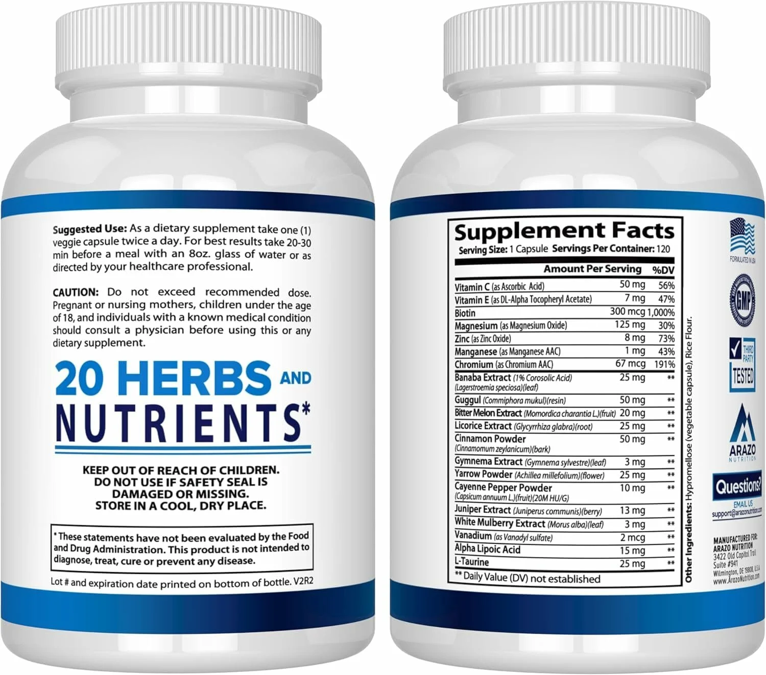 美國 Arazo Nutrition 血糖 365 膳食補充劑 支持健康能量水平 120 粒草本膠囊 - 60 天的供應量 - 圖片 1