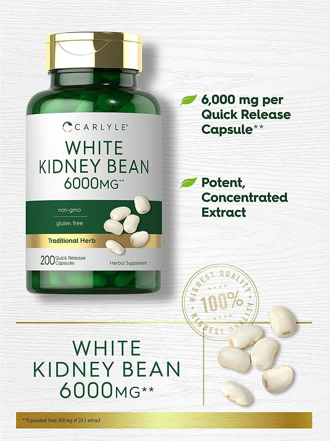 美國 Carlyle White Kidney Bean 白腎豆 白腰豆 6000mg 澱粉阻擋, 食慾抑製, Carb Blocker (200 粒裝) - 圖片 5