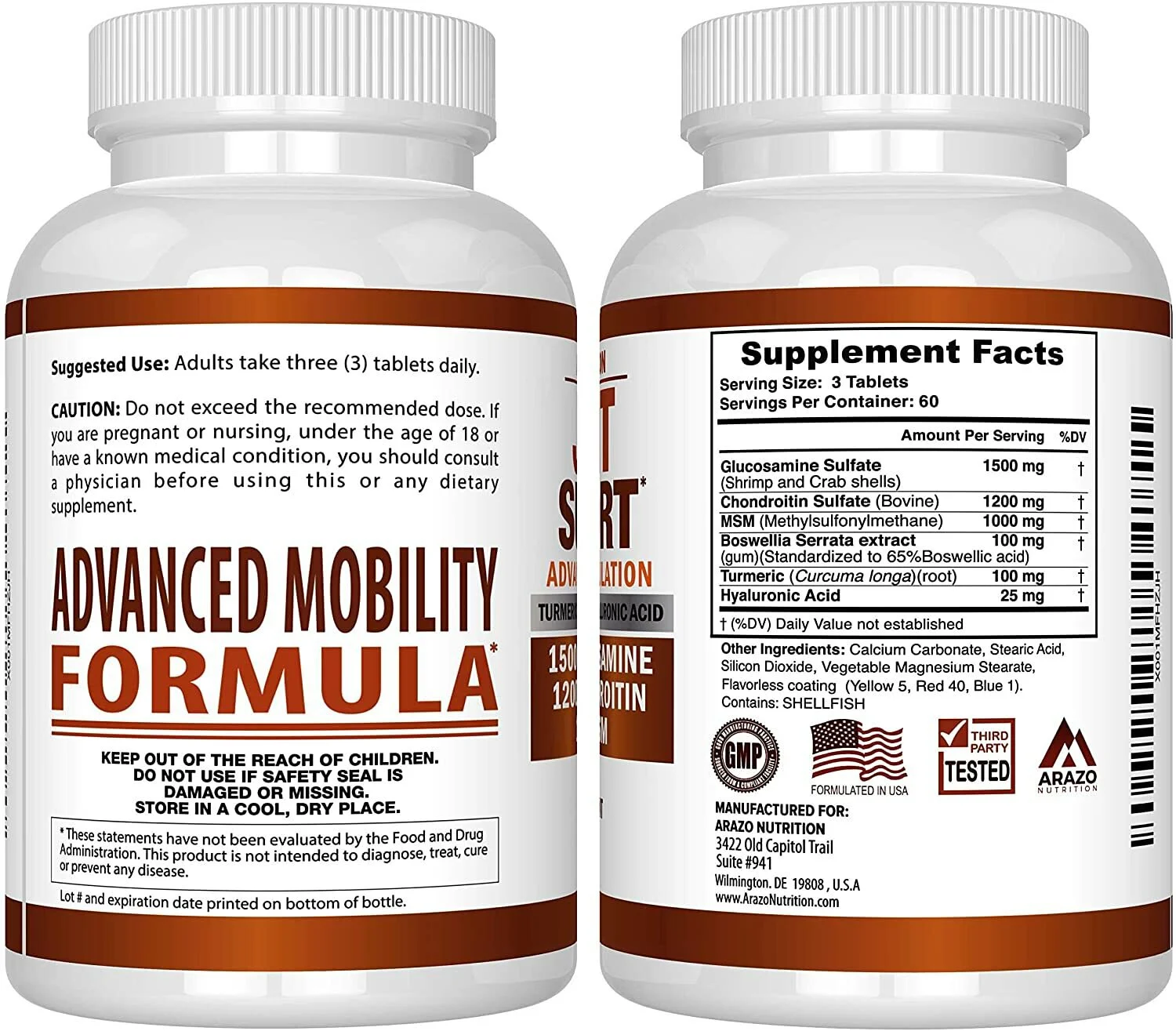 Arazo Nutrition Glucosamine, Chondroitin, Turmeric, MSM, and Boswellia Joint Support (180 tablets) - Image 1