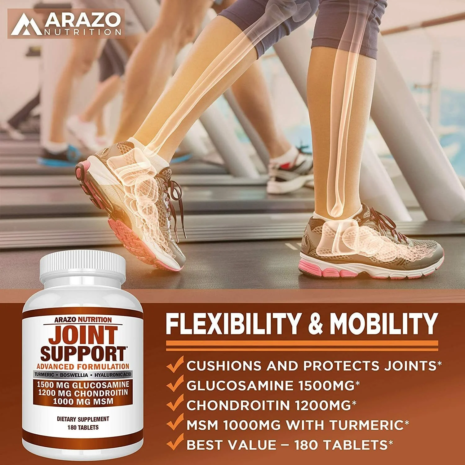 Arazo Nutrition Glucosamine, Chondroitin, Turmeric, MSM, and Boswellia Joint Support (180 tablets) - Image 3