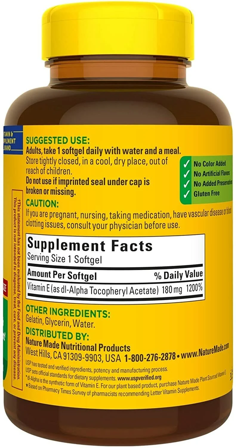 Nature Made Vitamin E 180 mg (400 IU) dl-Alpha, Dietary Supplement for Antioxidant Support, 300 Softgels, 300 Day Supply - Image 1