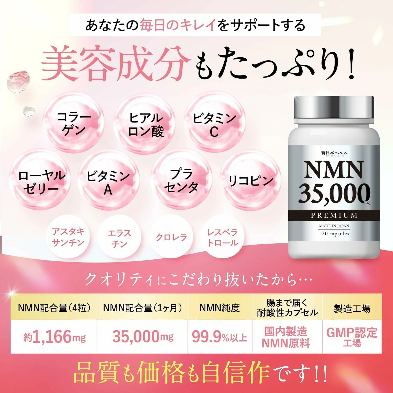 New Japan Health NMN Supplement 35000mg Made in Japan High Purity 99.9% Hyaluronic Acid Collagen Placenta Ceramide 120 Capsules Domestic GMP Certified Factory - Image 2