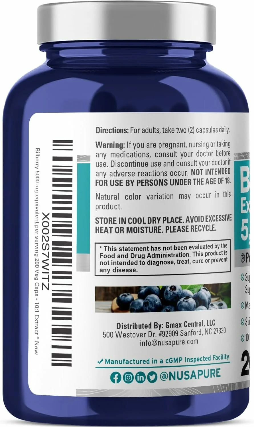 NusaPure Bilberry Extract 5,000mg 200 Vegetarian caps - Image 2