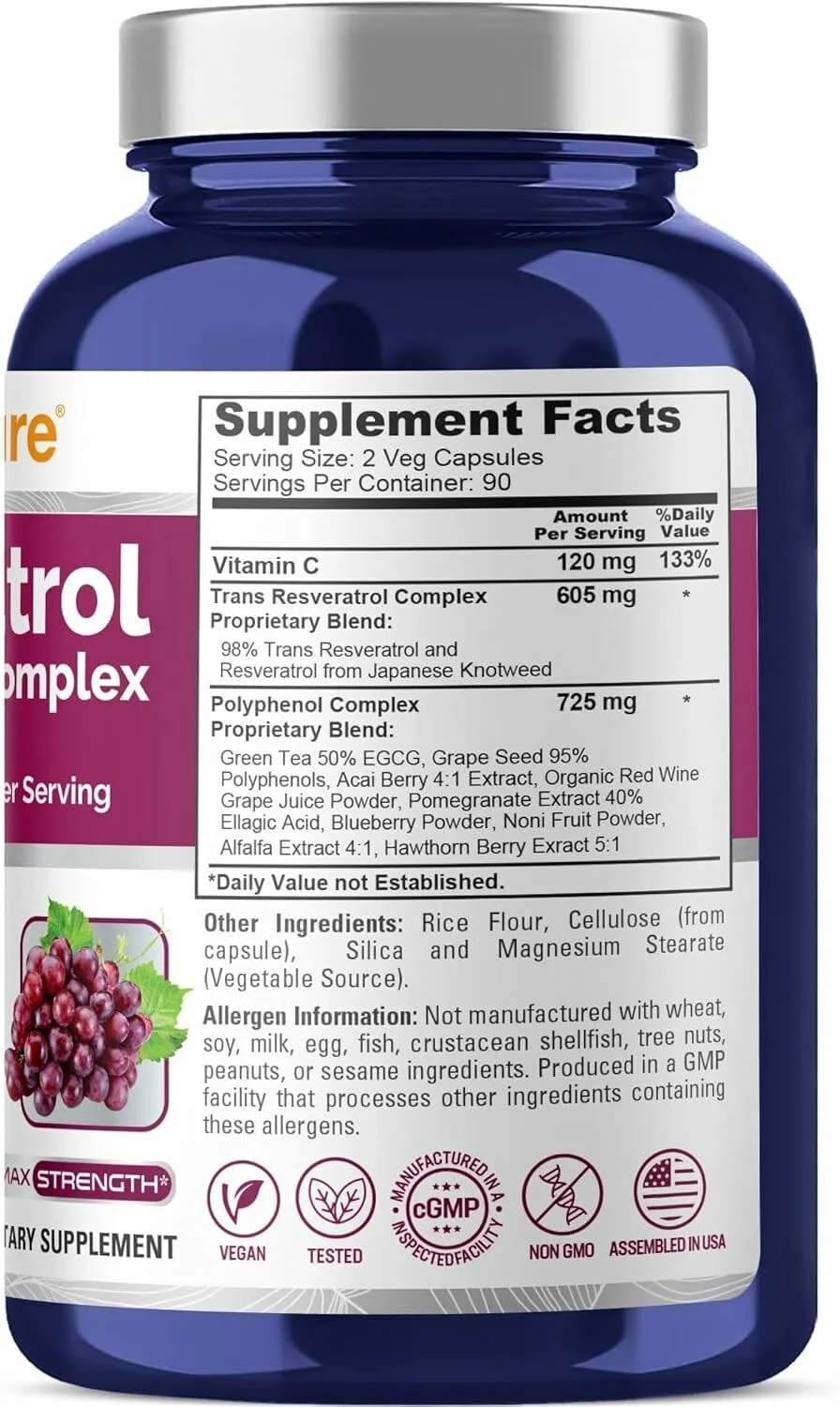 NusaPure Resveratrol & Polyphenol Complex 1450mg (180 Veggie Capsules) | Vitamin C Cellular Longevity & Heart Support - Image 1