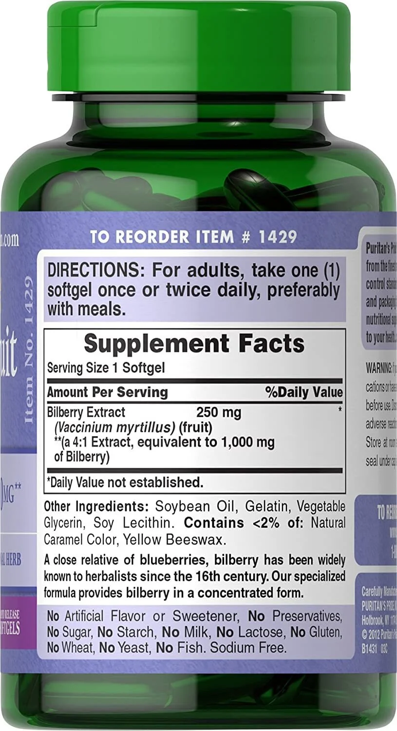 Puritans Pride Bilberry Extract 1000mg, 180 Softgels - Image 2
