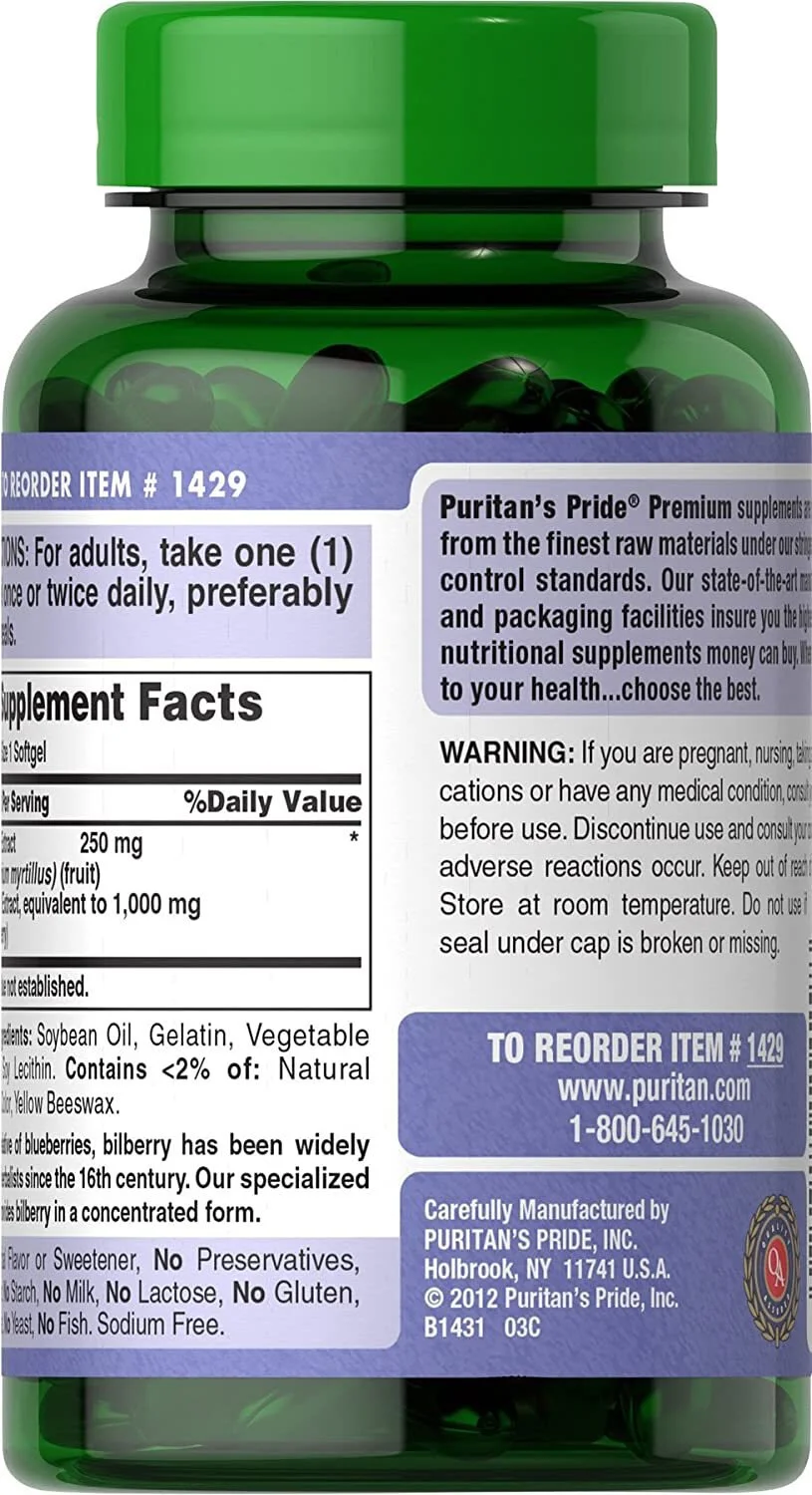 Puritans Pride Bilberry Extract 1000mg, 180 Softgels - Image 3