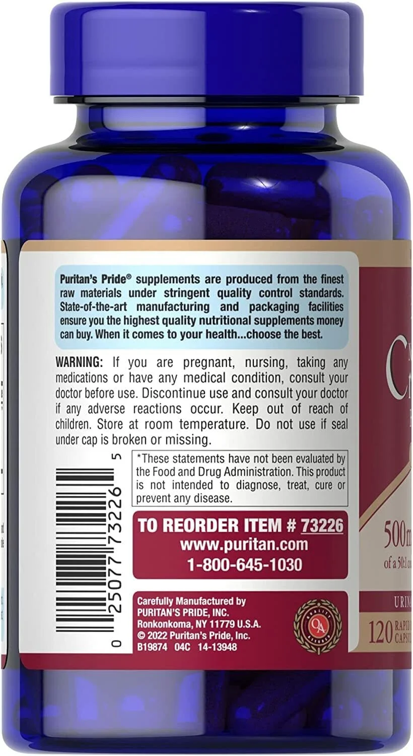 Puritan's Pride Cranberry Extract 500 mg (50:1 Concentrate from 25000mg of Cranberries), 120 Rapid Release Capsules - Image 2