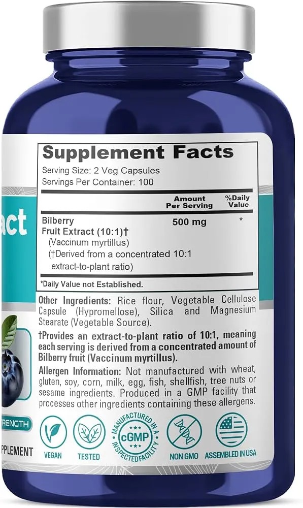 NusaPure Bilberry Extract 500mg (200 Veg Capsules | 100 Servings) Ultra-High Potency 10:1 Extract | Non-GMO & Vegan | Eye Health & Vision Support - Image 1
