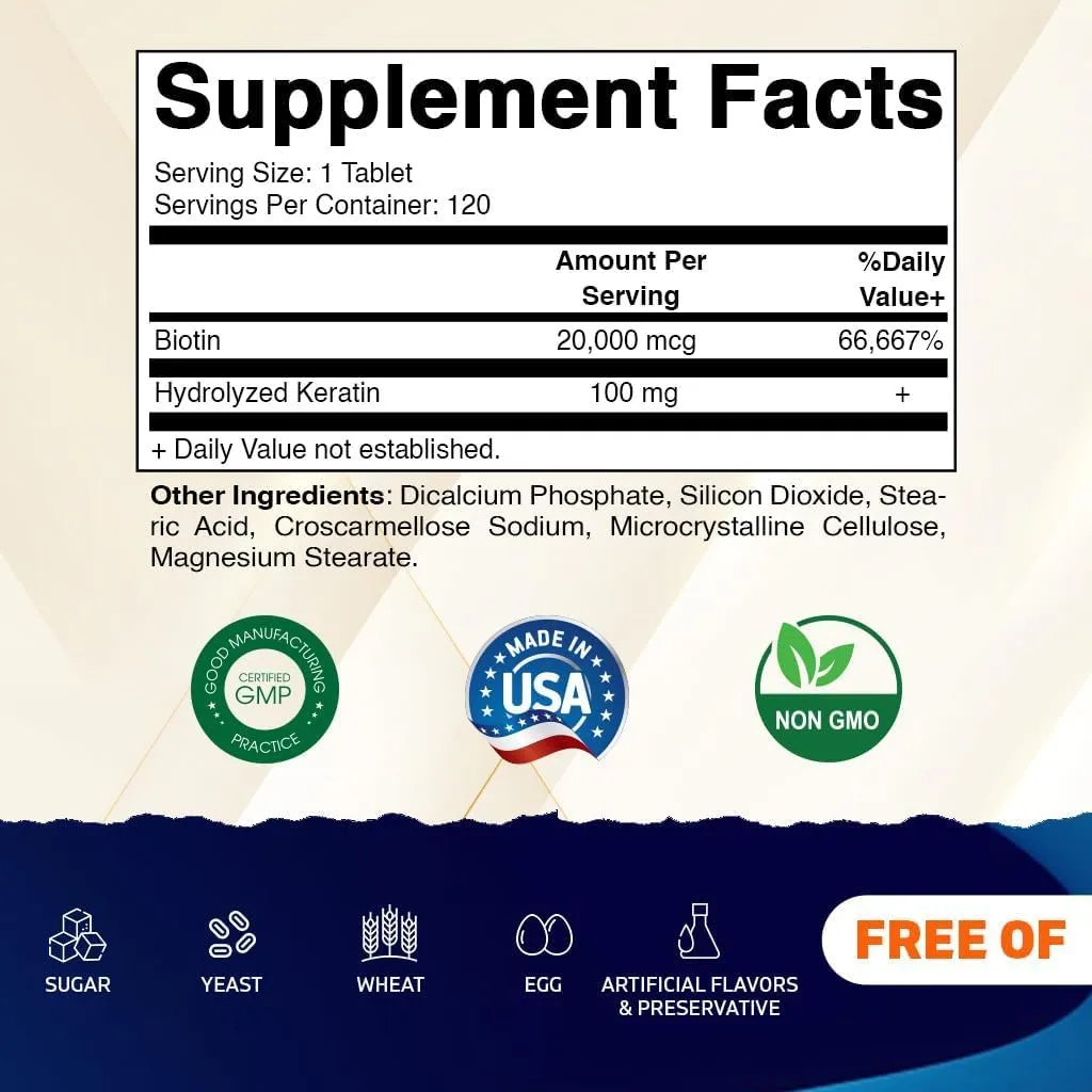 Vitamatic 超高濃度生物素 Biotin 20,000 mcg ＋ 水解角蛋白護髮護甲膠囊（120粒膠囊 | 4個月份量） - 圖片 1