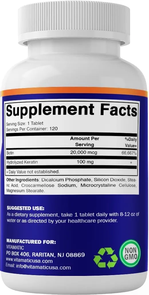 Vitamatic 超高濃度生物素 Biotin 20,000 mcg ＋ 水解角蛋白護髮護甲膠囊（120粒膠囊 | 4個月份量） - 圖片 2
