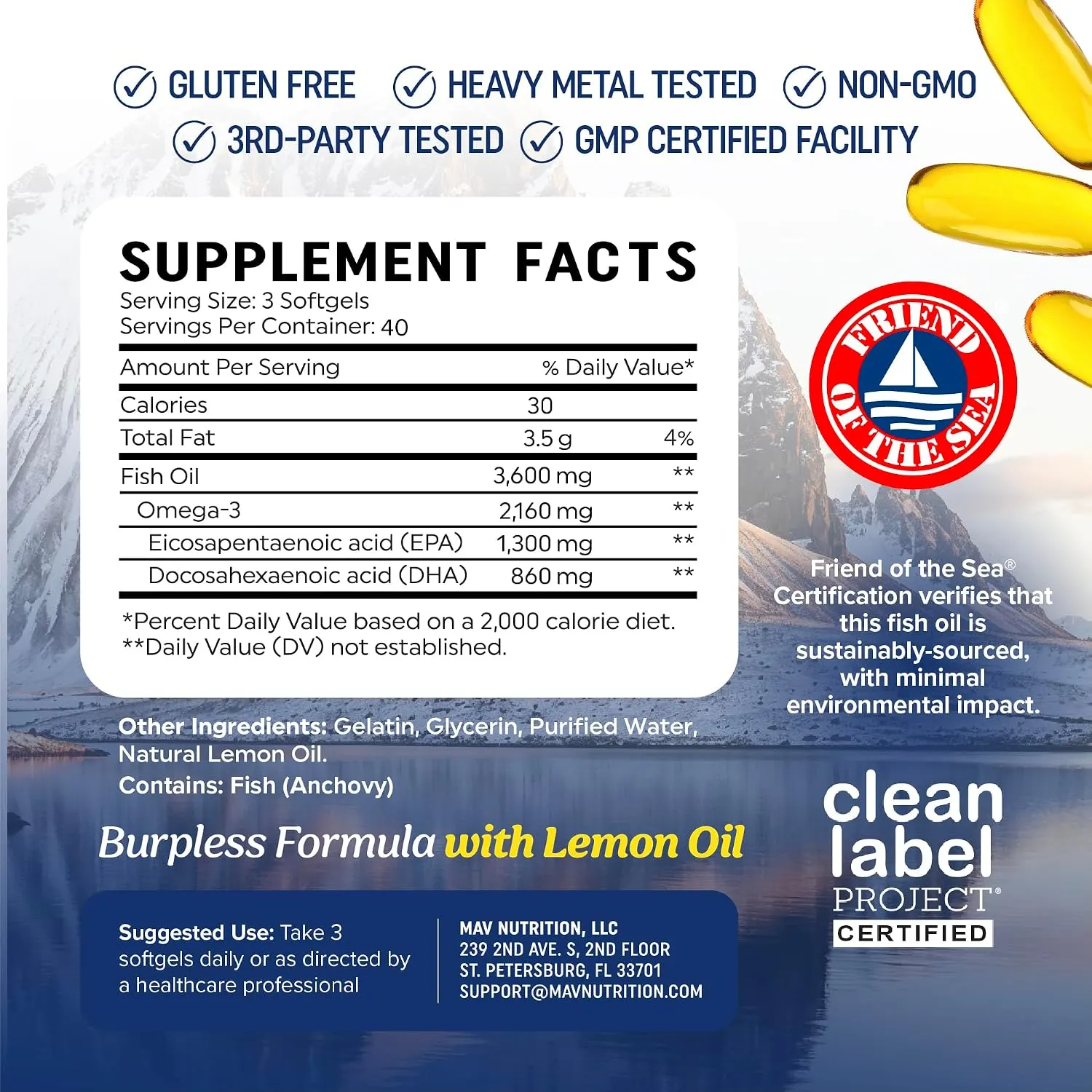 MAV NUTRITION Triple Strength Omega 3 Fish Oil 3600mg 深海魚油 120粒 檸檬味 - 圖片 1